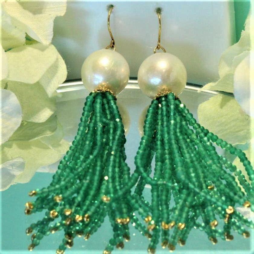 14CT YELLOW GOLD FRESHWATER PEARL & EMERALD DROP EARRINGS