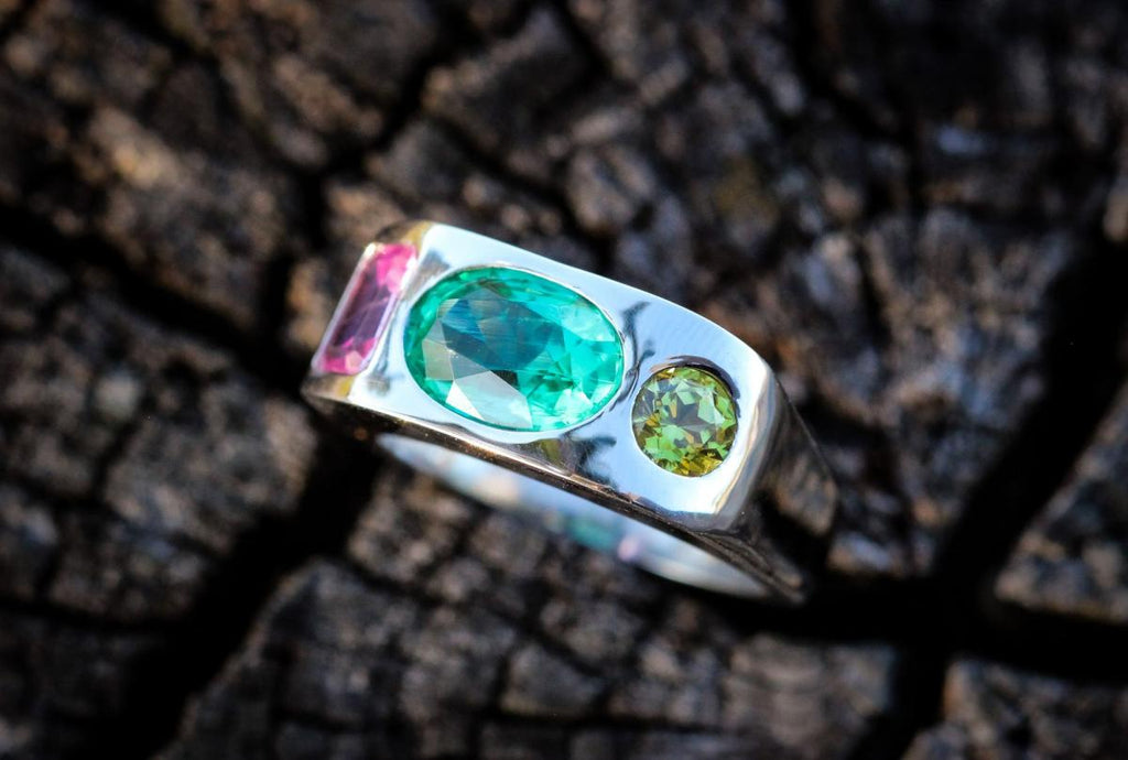 PLATINUM EMERALD, PINK & YELLOW SAPPHIRE RING
