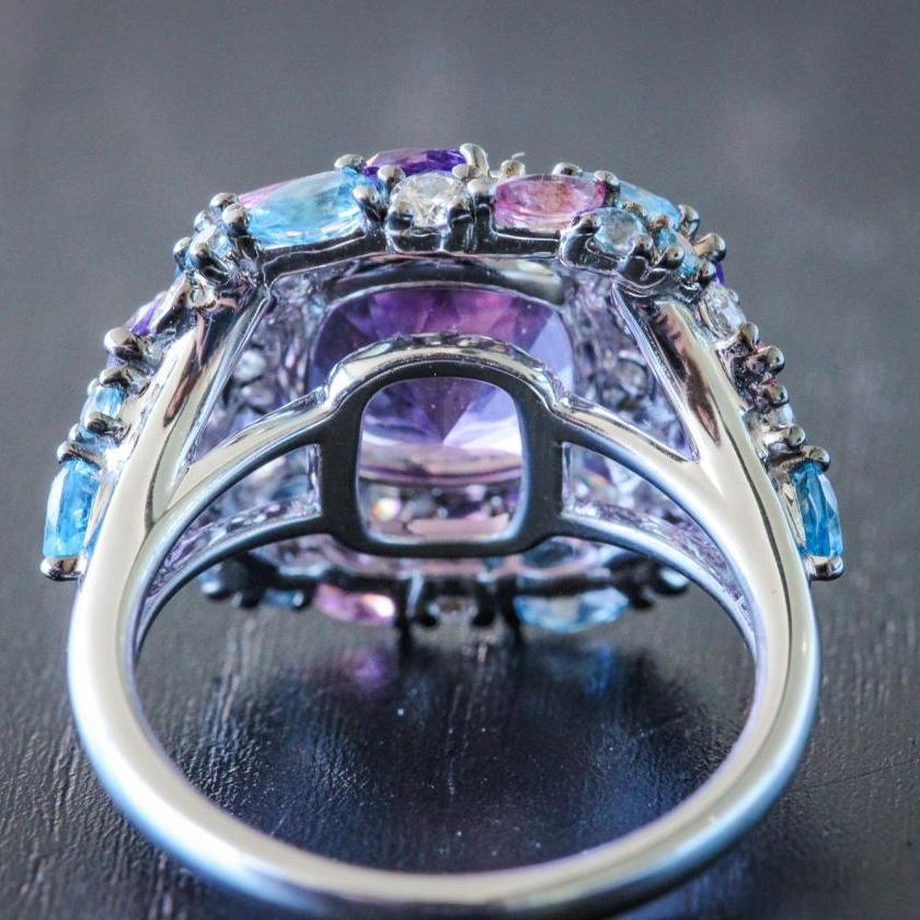 18CT WHITE GOLD AMETHYST, TOPAZ, TOURMALINE & DIAMOND RING