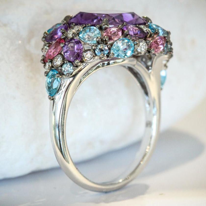 18CT WHITE GOLD AMETHYST, TOPAZ, TOURMALINE & DIAMOND RING