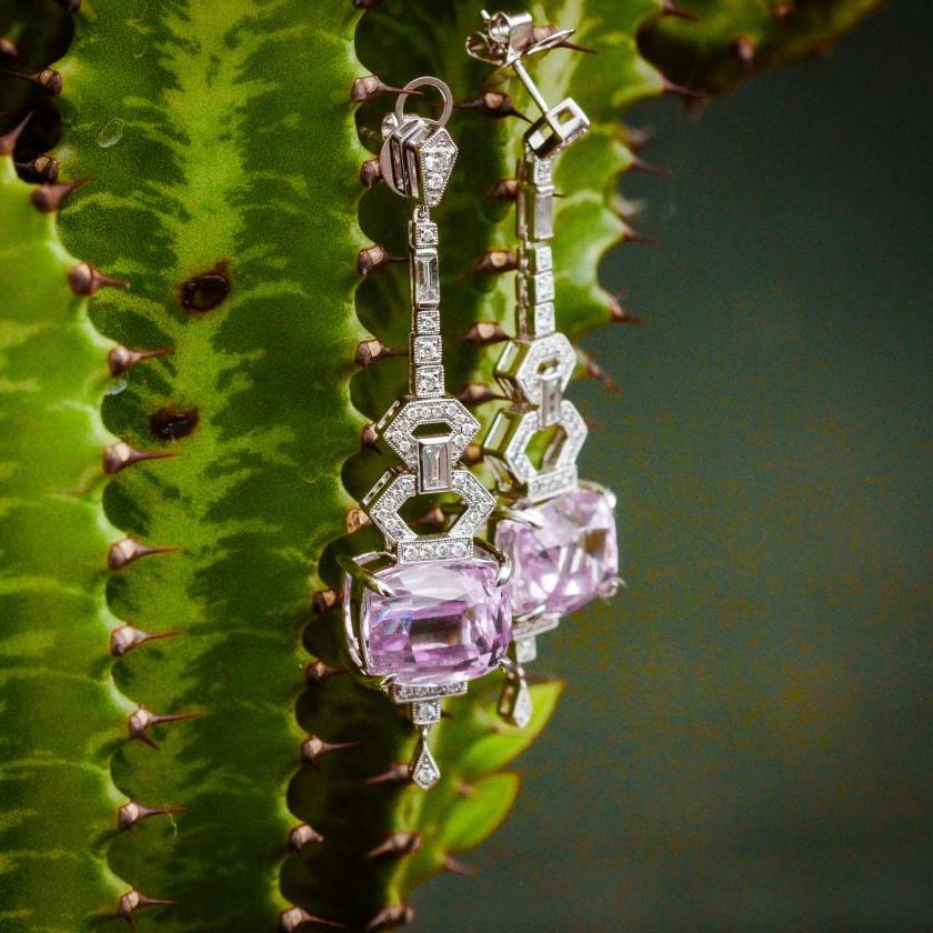 18CT WHITE GOLD KUNZITE & DIAMOND DROP EARRINGS