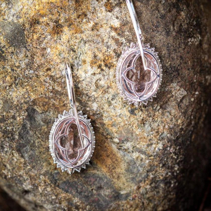 18CT WHITE GOLD MORGANITE & DIAMOND DROP EARRINGS