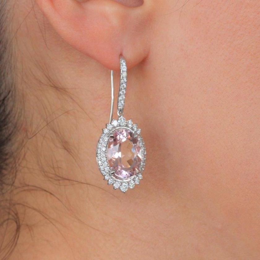 18CT WHITE GOLD MORGANITE & DIAMOND DROP EARRINGS