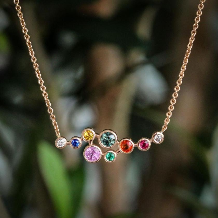 18CT ROSE GOLD MULTI COLOURED GEMSTONE & DIAMOND NECKLACE
