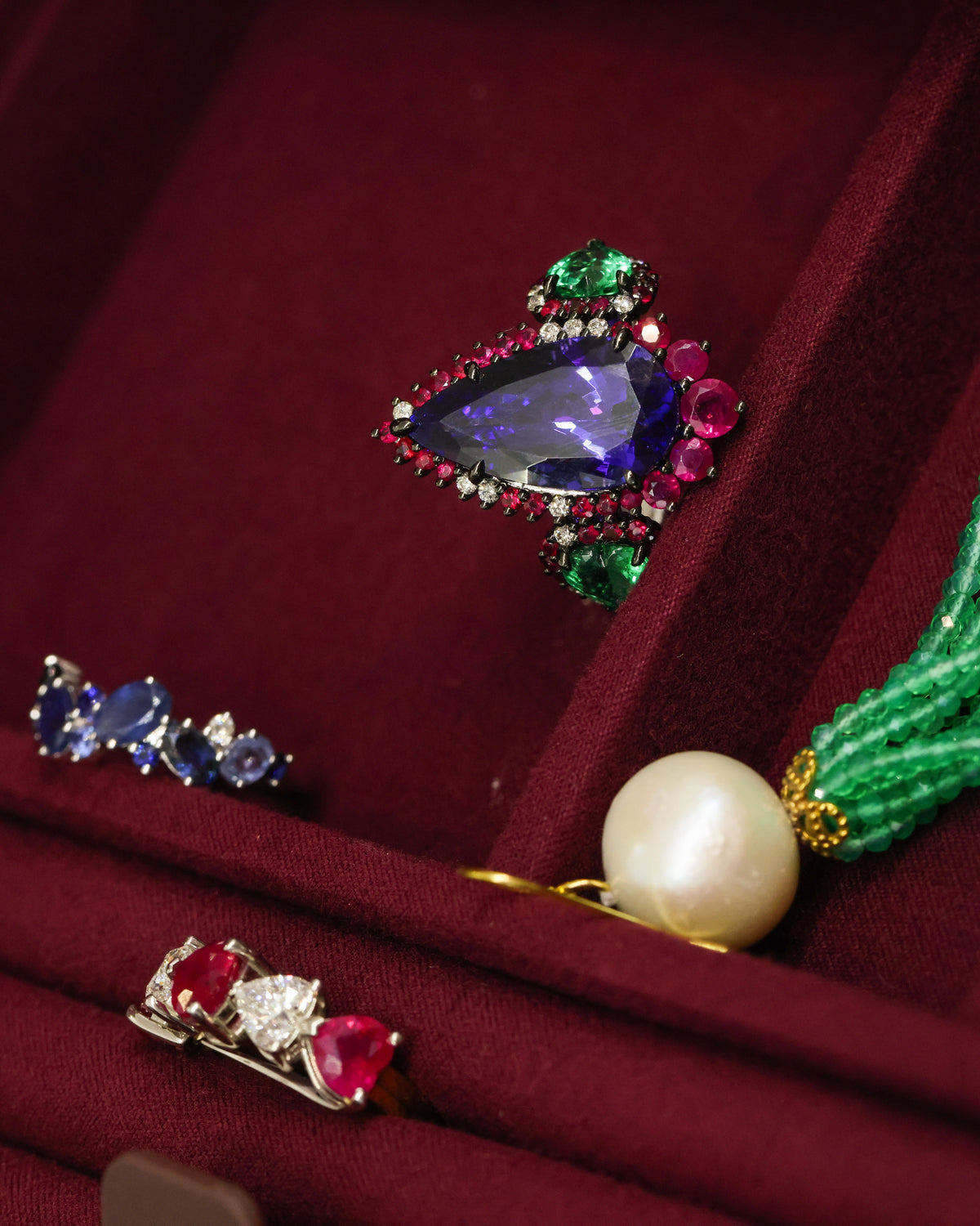 Platinum, Tanzanite, Ruby, Emerald and Diamond Dress Ring