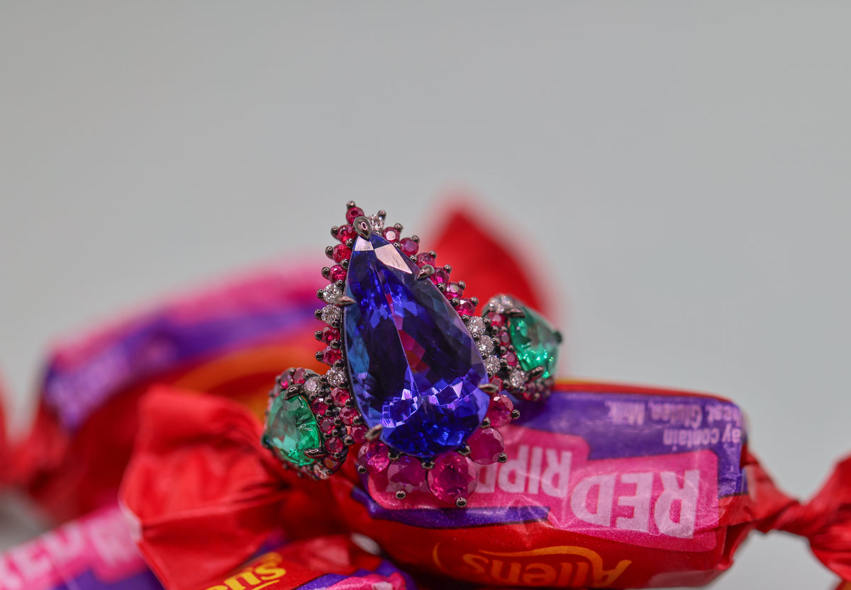 Platinum, Tanzanite, Ruby, Emerald and Diamond Dress Ring