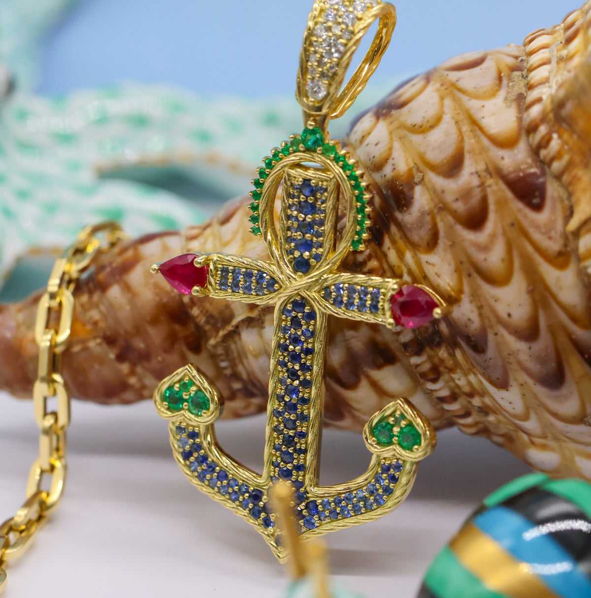 RUBY, SAPPHIRE, EMERALD AND DIAMOND ANCHOR PENDANT