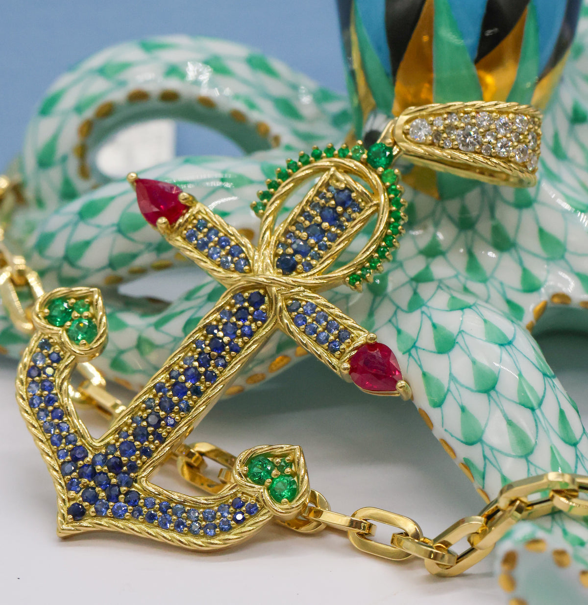 RUBY, SAPPHIRE, EMERALD AND DIAMOND ANCHOR PENDANT