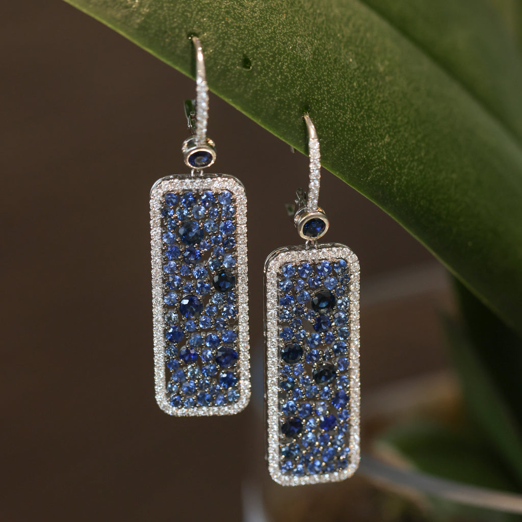 18CT WHITE GOLD SAPPHIRE & DIAMOND RECTANGLE DROP EARRINGS