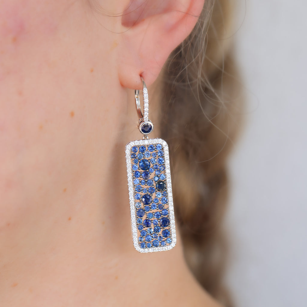 18CT WHITE GOLD SAPPHIRE & DIAMOND RECTANGLE DROP EARRINGS