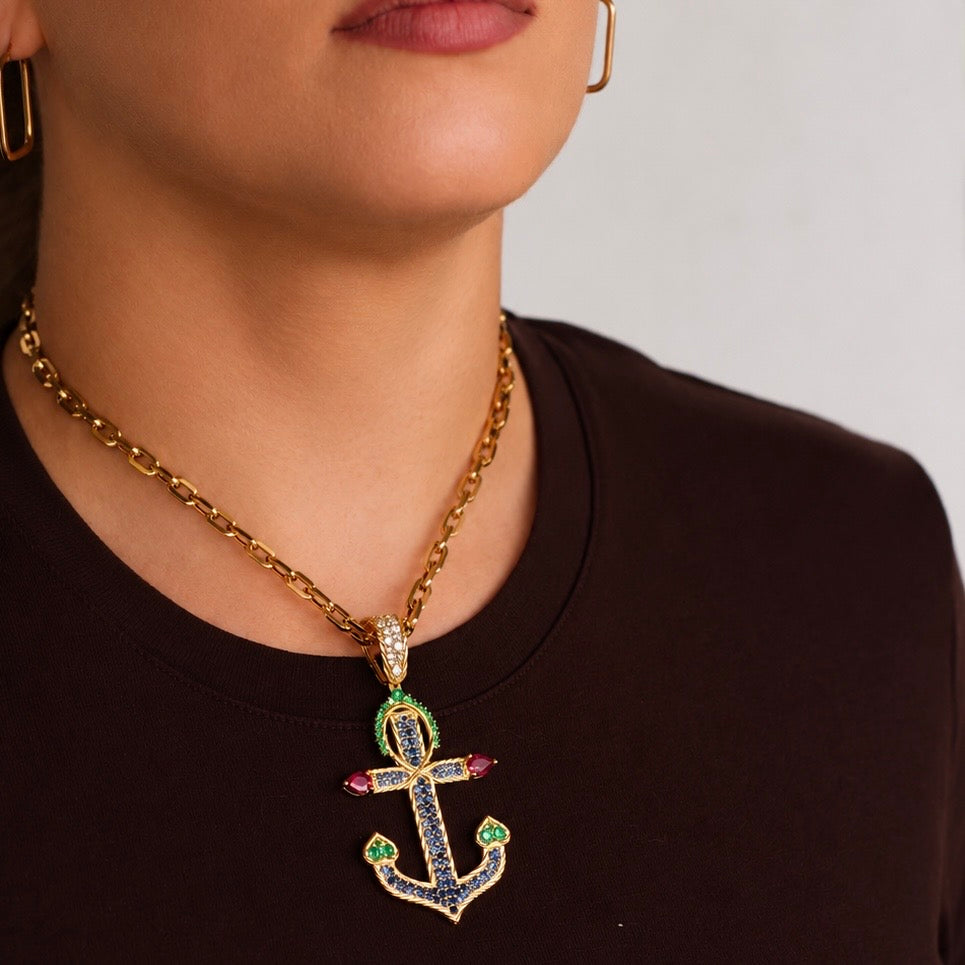 RUBY, SAPPHIRE, EMERALD AND DIAMOND ANCHOR PENDANT