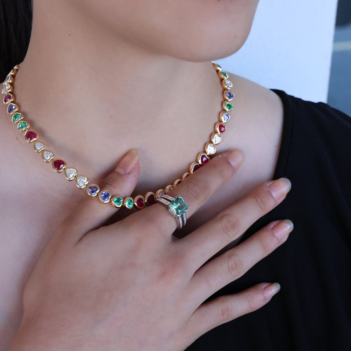 RUBY, EMERALD, TANZANITE AND DIAMOND TENNIS NECKLACE