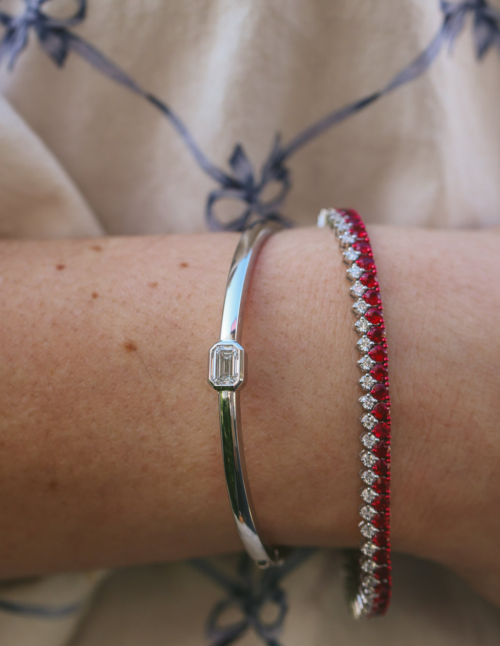 18ct White Gold, Diamond and Ruby Tennis Bracelet
