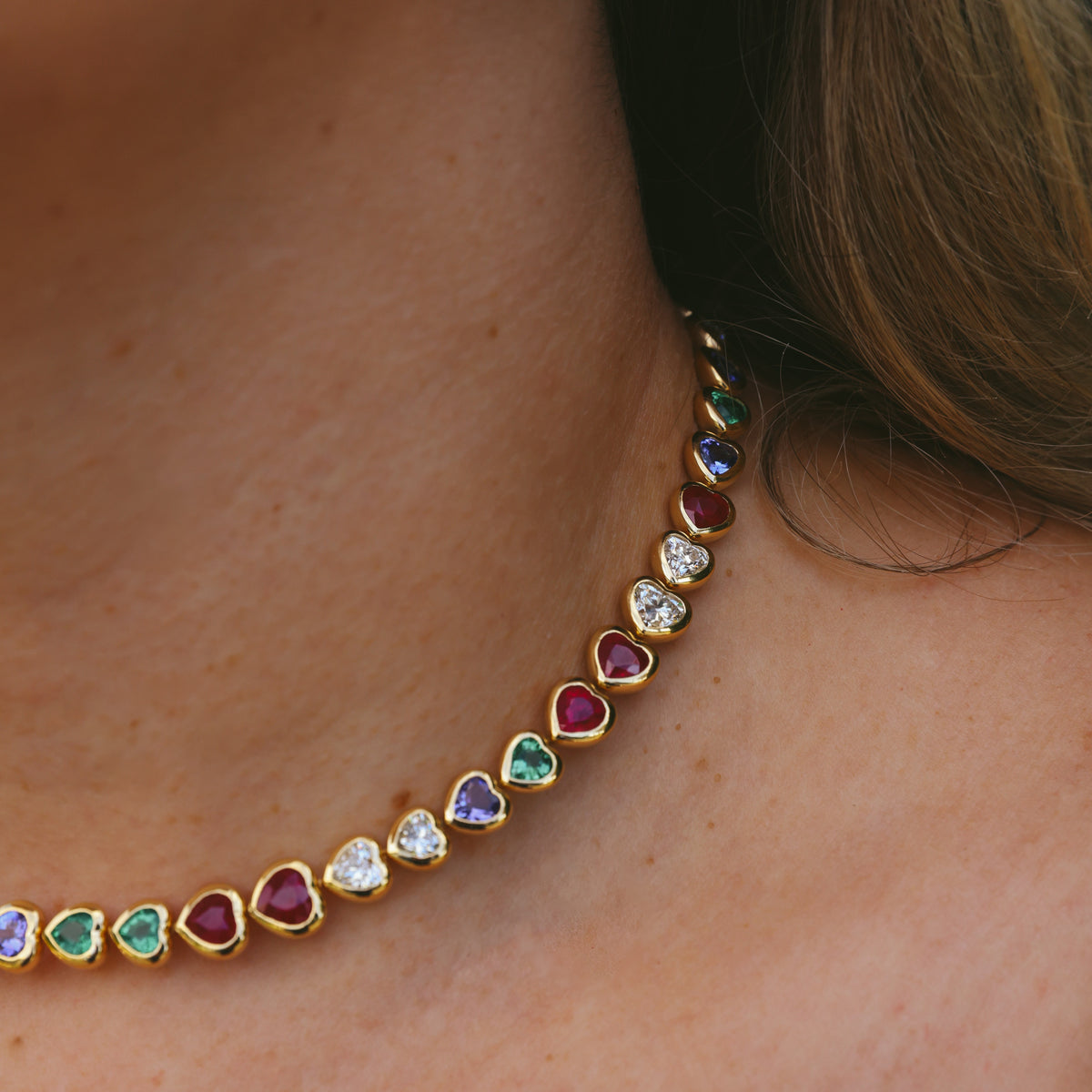 RUBY, EMERALD, TANZANITE AND DIAMOND TENNIS NECKLACE