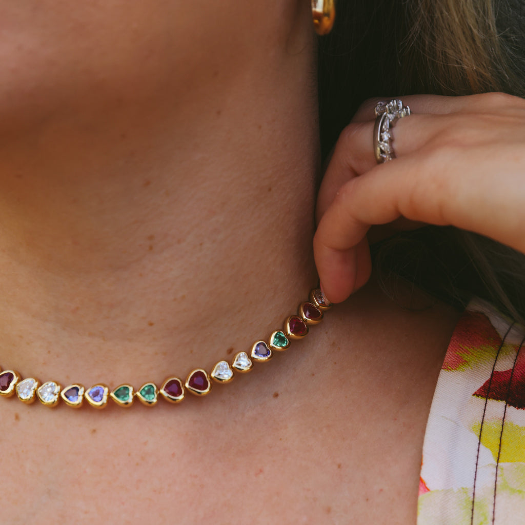 RUBY, EMERALD, TANZANITE AND DIAMOND TENNIS NECKLACE