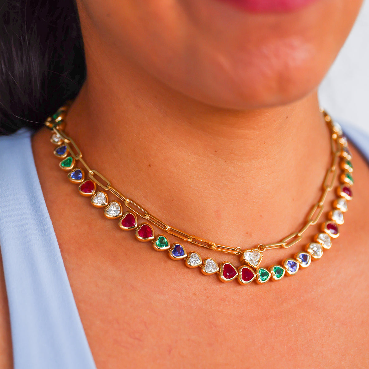 RUBY, EMERALD, TANZANITE AND DIAMOND TENNIS NECKLACE