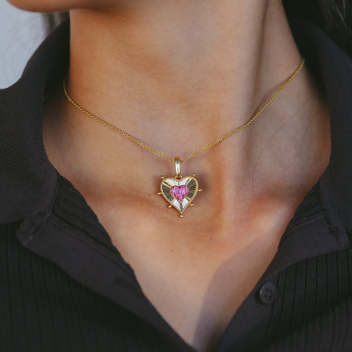 18ct Yellow Gold and Pink Sapphire Heart Pendant