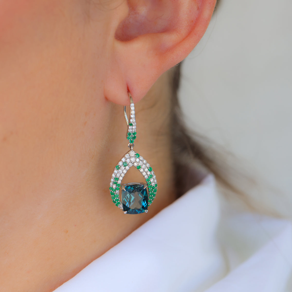 TOPAZ, EMERALD & DIAMOND DROP EARRINGS