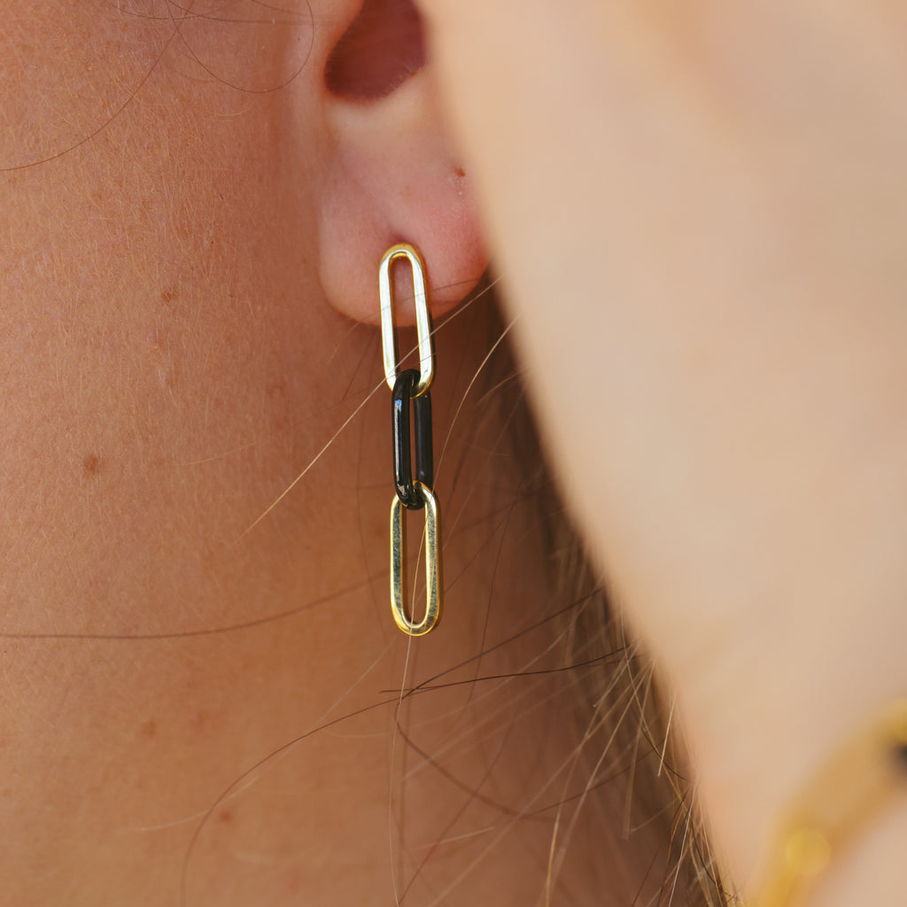 18CT YELLOW GOLD AND CERAMIC STUD DROP EARRINGS