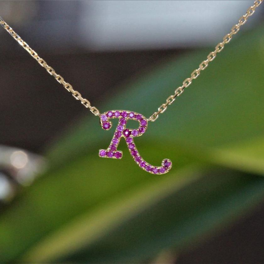 14CT YELLOW GOLD & PINK RUBY INITIAL "R" NECKLACE