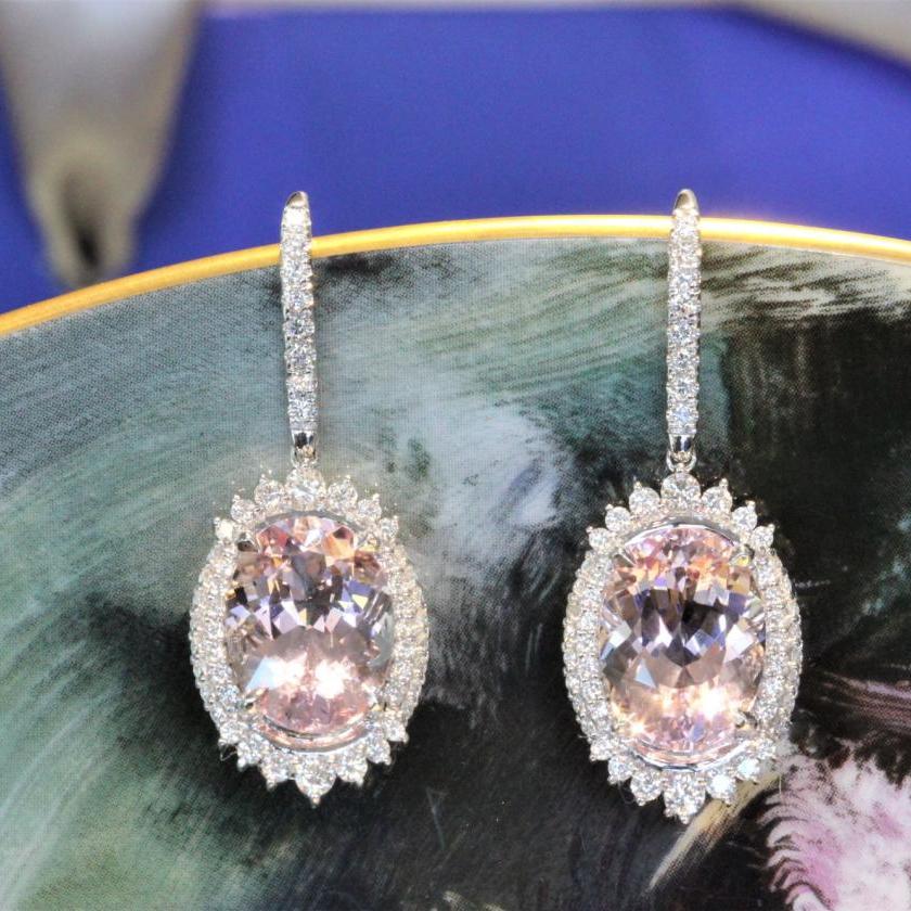 18CT WHITE GOLD MORGANITE & DIAMOND DROP EARRINGS