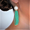 14CT YELLOW GOLD FRESHWATER PEARL & EMERALD DROP EARRINGS