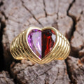 18CT YELLOW GOLD AMETHYST & GARNET HEART RING
