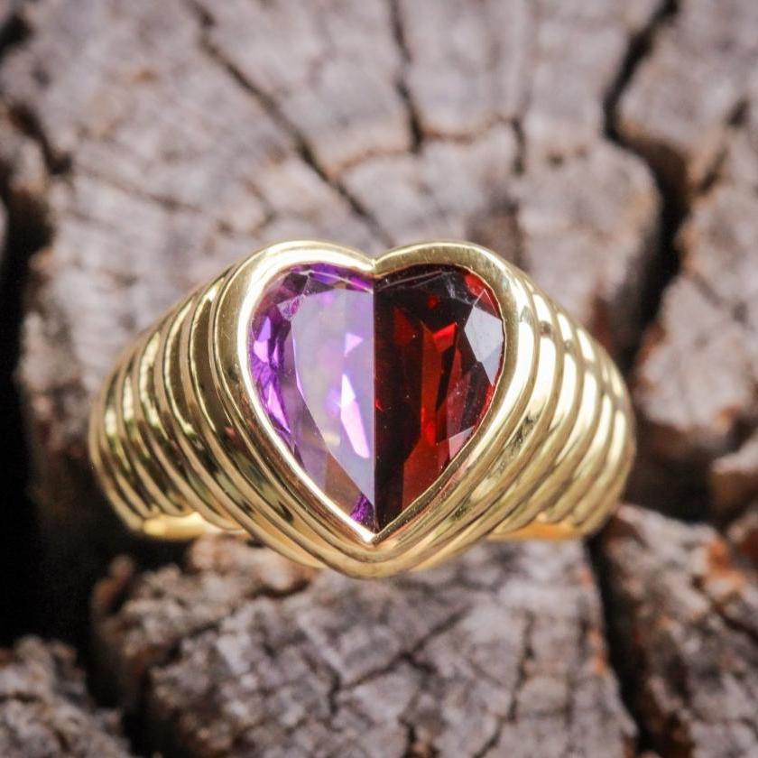 18CT YELLOW GOLD AMETHYST & GARNET HEART RING