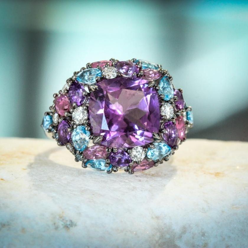 18CT WHITE GOLD AMETHYST, TOPAZ, TOURMALINE & DIAMOND RING