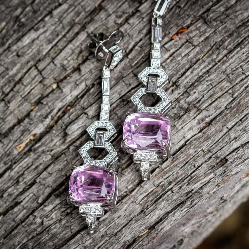 18CT WHITE GOLD KUNZITE & DIAMOND DROP EARRINGS