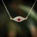 14CT YELLOW GOLD, RUBY & DIAMOND EYE OF HORUS NECKLACE