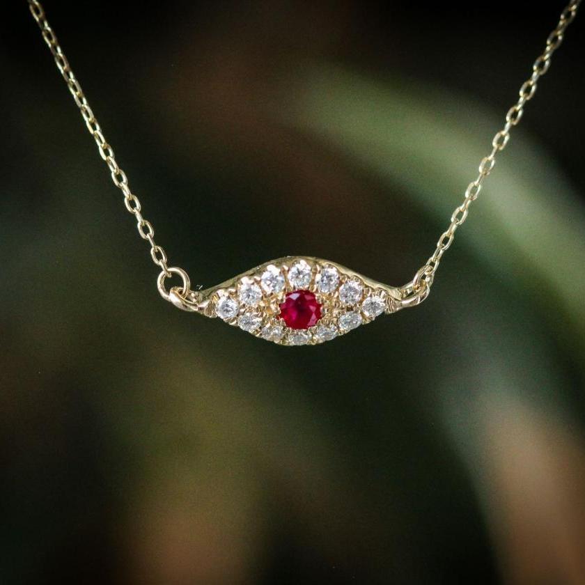 14CT YELLOW GOLD, RUBY & DIAMOND EYE OF HORUS NECKLACE