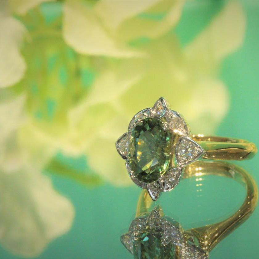 Green Tourmaline and Diamond Art Deco Filigree Engagement Ring | Juliet |  Braverman Jewelry