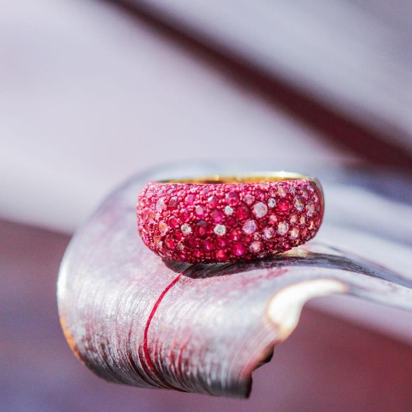 MULTI PAVE RED RUBY RHODIUM RING