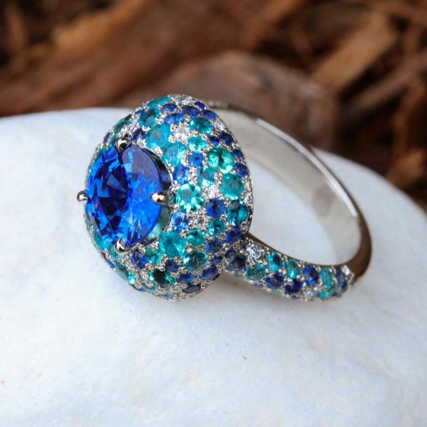 Platinum Ring with Ceylon Sapphire, Paraibas & Diamonds