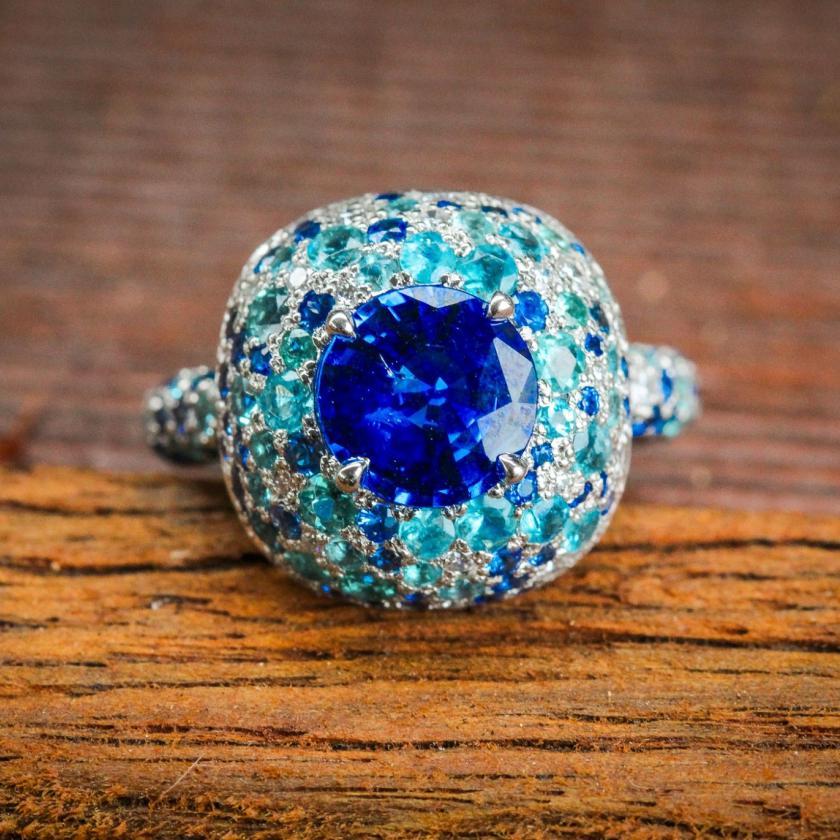 Platinum Ring with Ceylon Sapphire, Paraibas & Diamonds