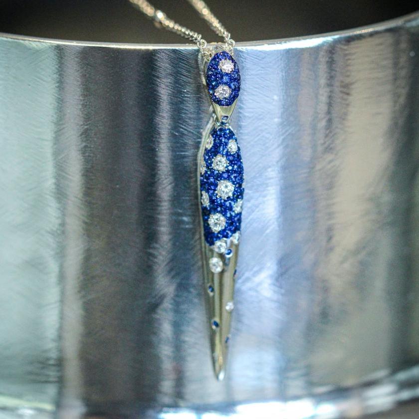 18ct White Gold Pendant with Blue Rhodium, Ceylon Sapphires & Diamonds