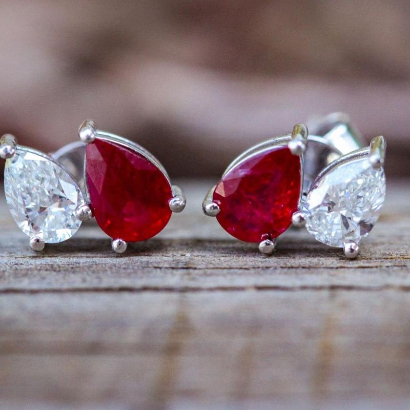 Elegant Burmese Ruby and Diamond Stud Earrings