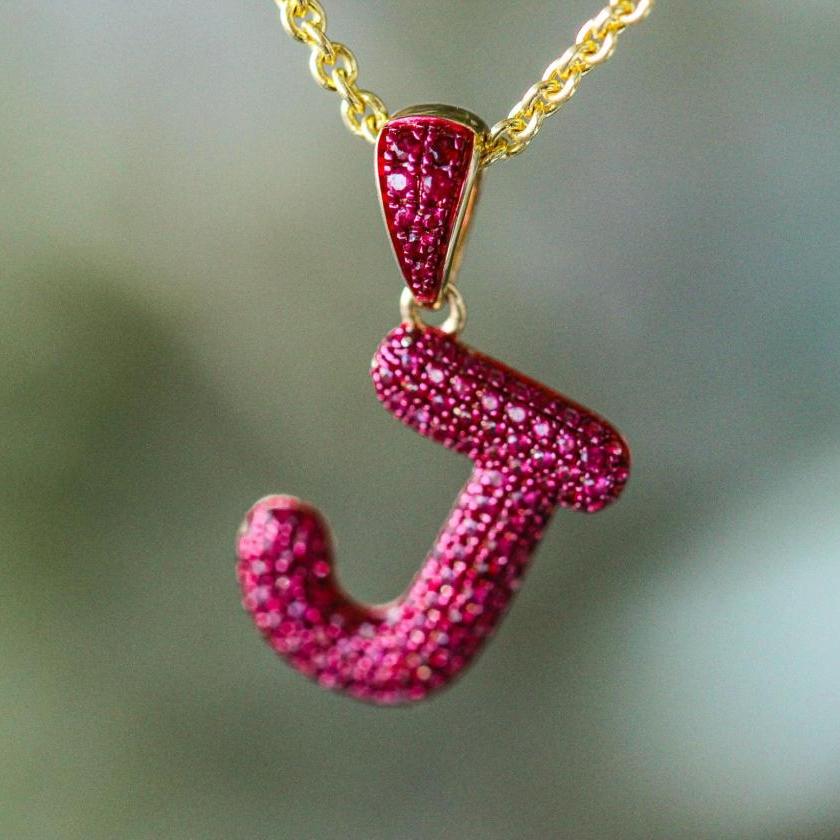 18ct Yellow Gold Ruby ‘J’ Pendant with Red Rhodium