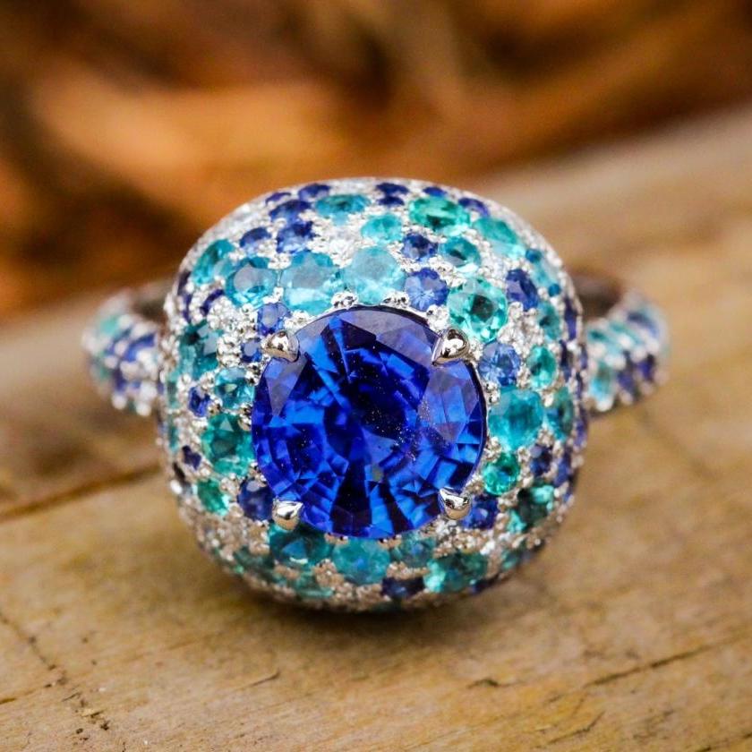 Platinum Ring with Ceylon Sapphire, Paraibas & Diamonds