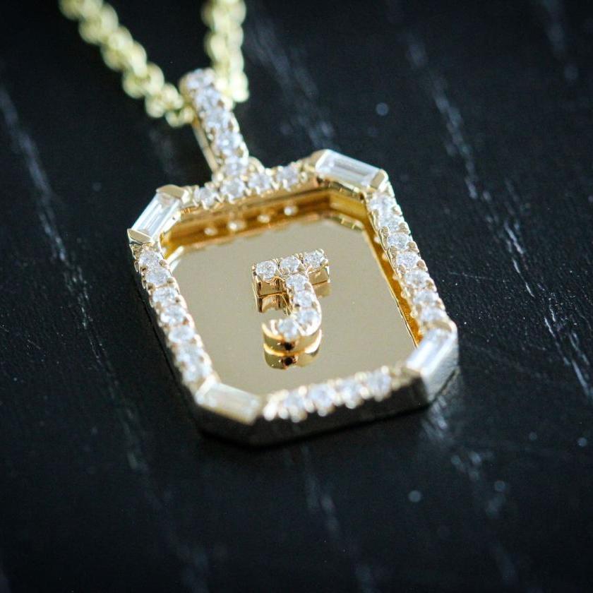 18ct Yellow Gold Diamond Initial Pendant with Baguette Accents