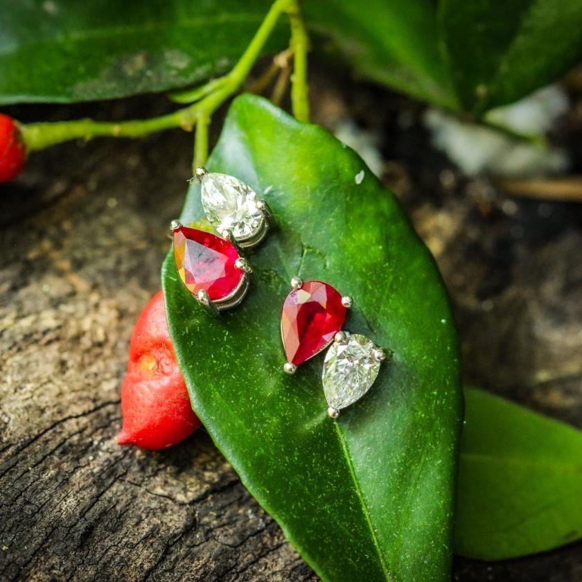 Elegant Burmese Ruby and Diamond Stud Earrings