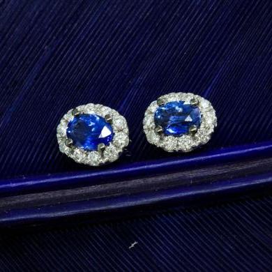 18ct White Gold Ceylon Sapphire & Diamond Halo Stud Earrings