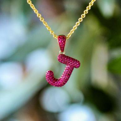 18ct Yellow Gold Ruby ‘J’ Pendant with Red Rhodium