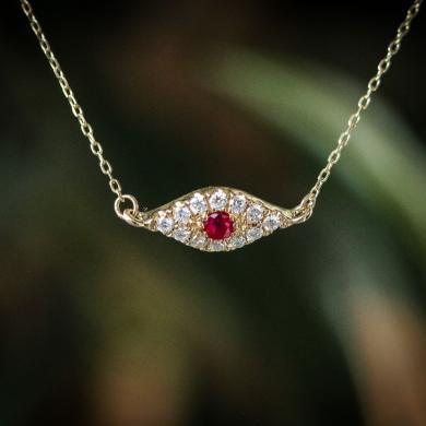 14ct Gold Diamond & Ruby Evil Eye Necklace